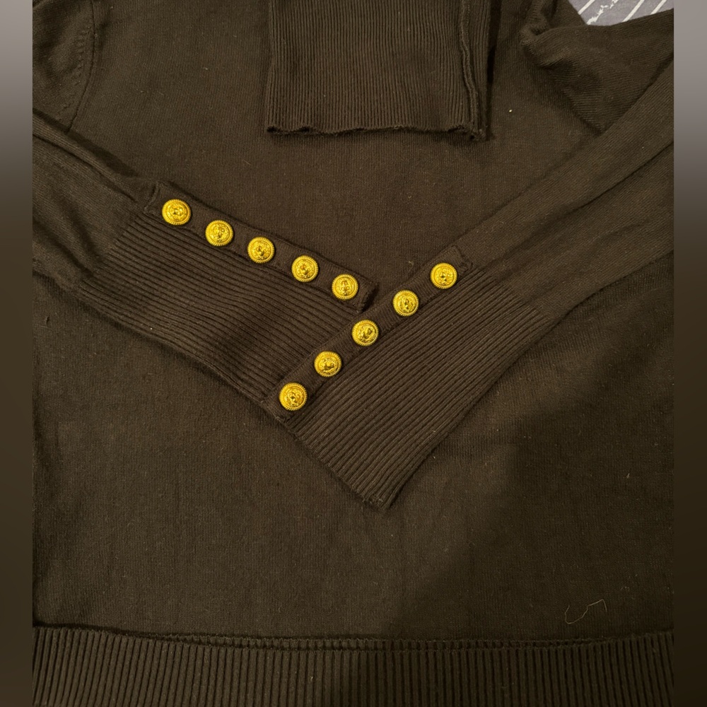 Balmain Turtleneck Navy Sweater with gold buttons on wrists